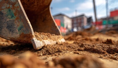 Naklejka premium Close-up of excavator bucket digging in brown earth. Cityscape in background