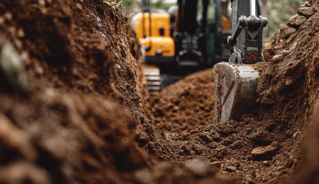 Excavator digs trench in earth