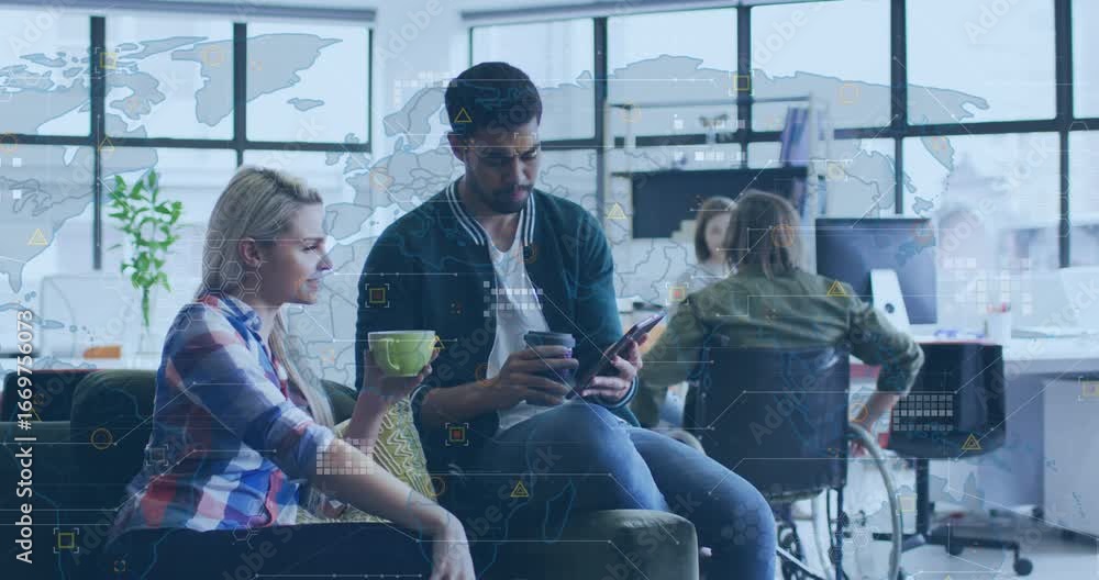 Poster Man tapping tablet and activating tech data overlay for analysis while female colleague sipping mug