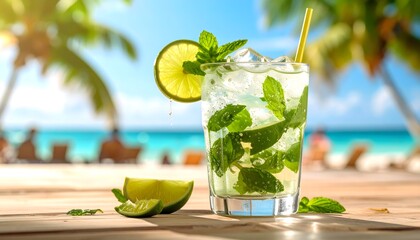 Refreshing mojito cocktail with lime and mint on a wooden surface near the beach.