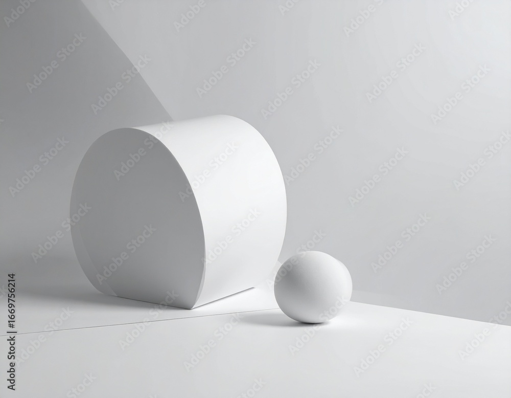 Poster a minimalist image with white geometric objects, featuring a cut cylinder and a sphere in clean nega