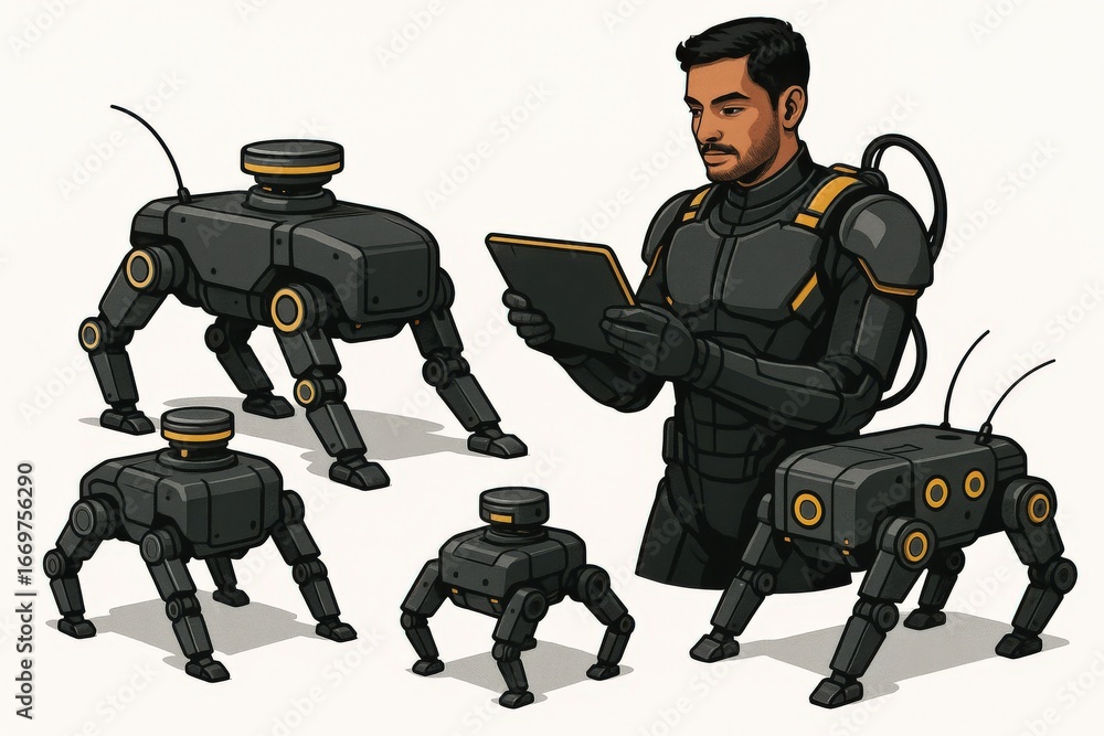 Aufkleber a focused engineer utilizing a handheld tablet while overseeing advanced robotic companions showcasi
