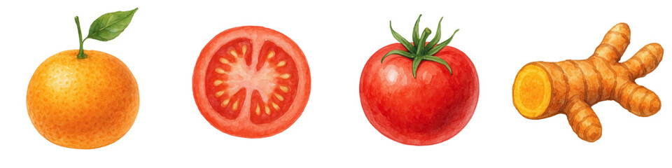 Fresh tomato fruit orange turmeric root vegan world day healthy natural food concept watercolor