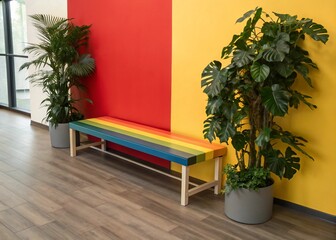 Colorful Bench and Plants Against Vibrant Walls Creating a Cheerful Interior Scene