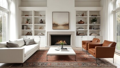 Minimalist living room features white sofa, brown leather armchairs, white coffee table on ornate rug. Built-in white shelves flank fireplace. Large windows provide natural light. Modern home