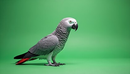 Fototapeta premium Majestic African Grey Parrot stands against vibrant green screen. Intelligent avian known for mimicry offers studio shot portrait, isolated for graphic design, backgrounds. Features include striking