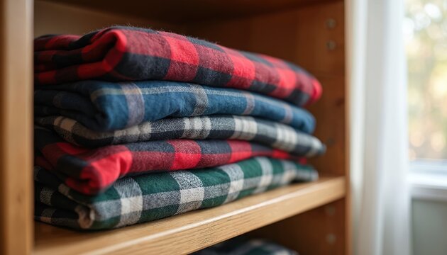Neatly folded stack of flannel pajama pants in closet. Cozy clothing in warm colors with chequered pattern arranged on wooden shelf. Home comfort, tidiness, daytime indoor natural light creates