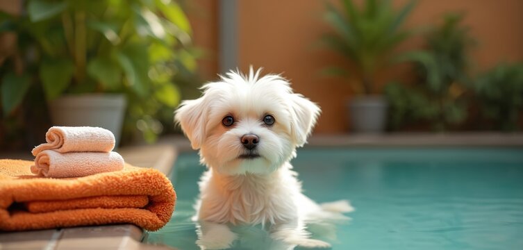 Fluffy white puppy relaxes poolside in tranquil spa setting. Adorable small dog enjoys warm sunlight by pool, near stacked towels and rich plants. Peaceful summer day, luxury resort lifestyle. - Powered by Adobe
