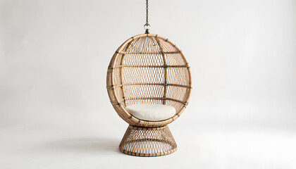 Woven hanging chair in minimalist design on white background  