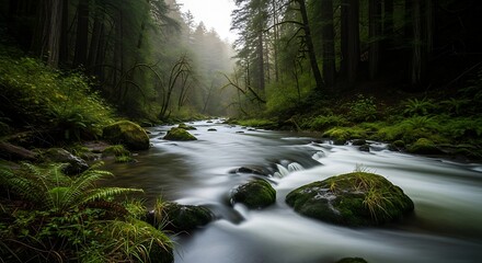Obraz premium Mystical Forest River Scene with Mossy Rocks.
