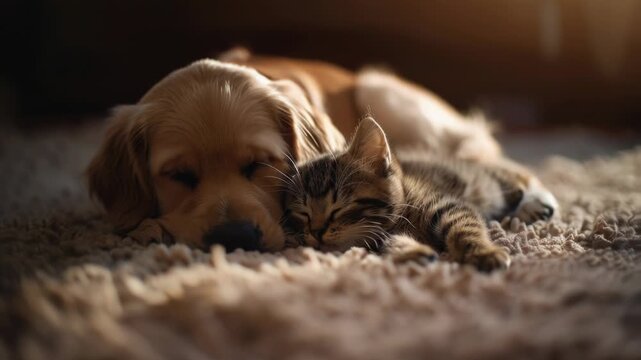 A dog and a cat peacefully coexist on a plush carpet
