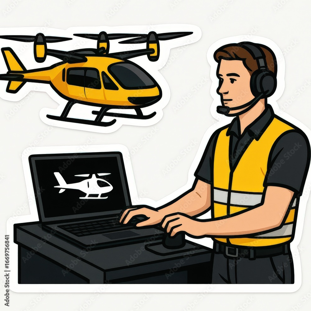 Poster professional operator managing helicopter flight using advanced digital systems for aviation safety 