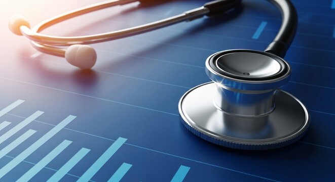 Professional stethoscope on blue grid with financial data charts