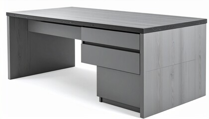 Modern office desk with a sleek gray wood finish &mdash; five drawers including one open, revealing spacious storage