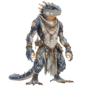 Fantasy lizardman warrior with glowing runes isolated on transparent background