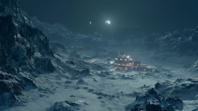 Science outpost glows under stars. Snow surrounds future base colony on alien planet. Moon and sky dominate frozen landscape. Base structures expand in snow, showing future path of science colony