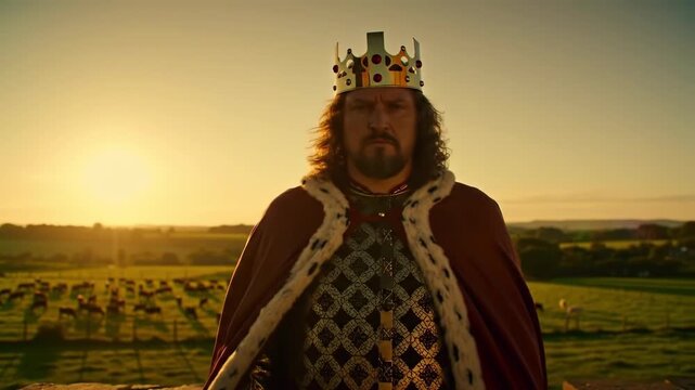 King standing on a parapet at sunrise with cattle in the background