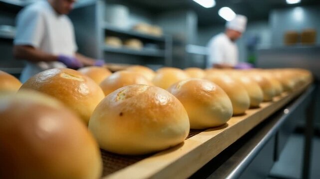 Freshly baked bread rolls moving along a conveyor belt, ready for packaging and distribution