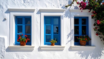 Four identical blue-framed windows on a white wall, each with a flower box of red and pink blooms