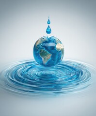 A serene representation of the Earth, delicately balanced atop a pool of water, with cascading water droplets.
