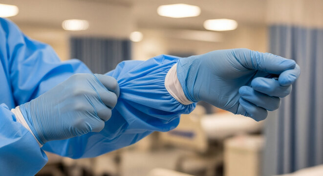 A healthcare professional carefully puts on blue disposable gloves over the sleeves of a protective gown in a medical setting, preparing for patient care.