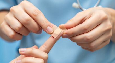 A close-up shot shows a person's hands applying a small adhesive bandage to a finger, suggesting care and minor injury treatment.