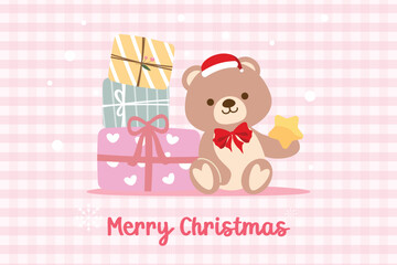 Cute bear with santa hat and leaf and Christmas present concept Merry Christmas and Happy new year vibe. Cartoon character for Christmas card, background or element vector flat illustration.