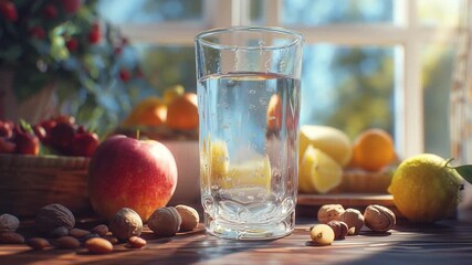 Clear glass of pure water on wooden table with soft light, symbol of sobriety and healthy lifestyle, concept for World No Alcohol Day and wellness with copy space