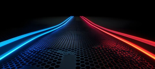 3D black background with glowing blue and red hexagon lines aligned on the right.