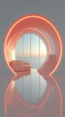 Modern, pink, ocean view room with neon arch