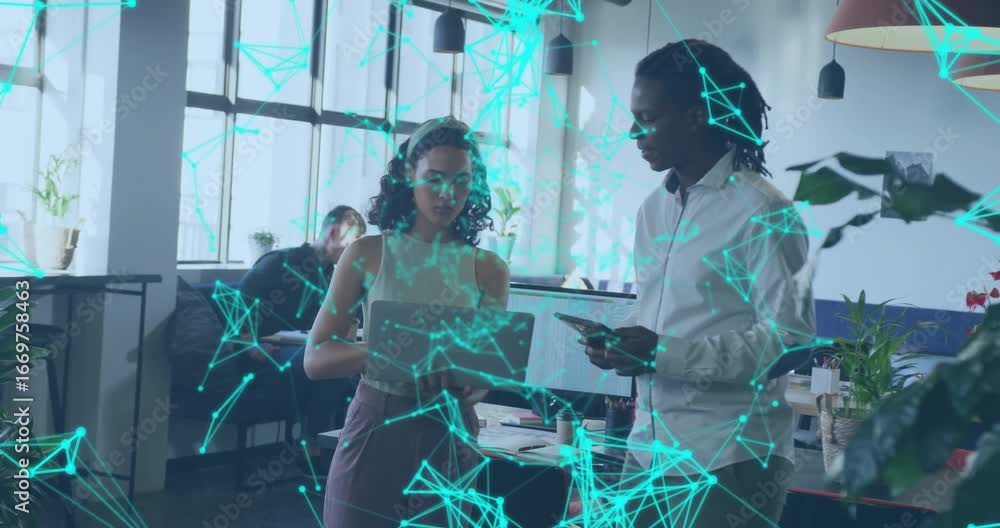 Poster woman presenting business data via tablet man scrolling phone charts updating pulsing teal overlay