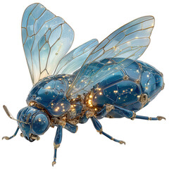A detailed mechanical bee with blue metallic body and transparent wings isolated on transparent background