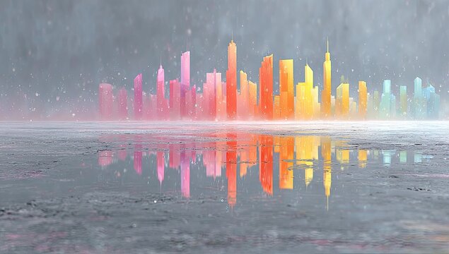 Colorful city reflected in a still puddle, stylized digital art