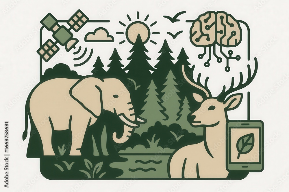 Poster elephants and deer in a harmonious ecosystem illustrating the integration of artificial intelligence