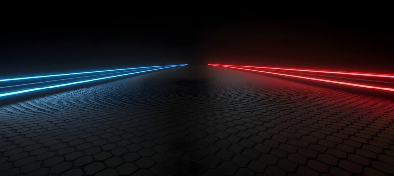 Right-aligned hexagon grid with glowing red and blue lines on a sleek black background.