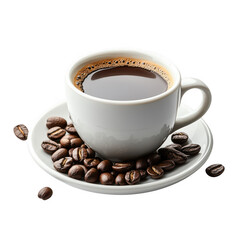 Aromatic cup of coffee with roasted coffee bean on plate isolated on transparent background