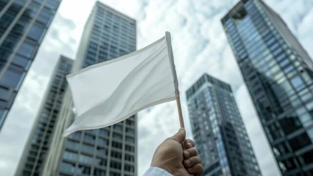 A person holds a white flag in front of tall buildings, representing surrender or ceasefire
