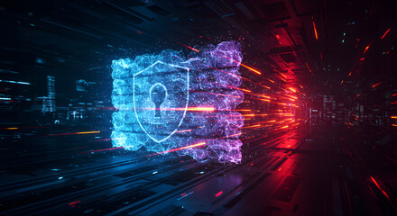 Digital security and data protection concept with glowing shield and padlock icon on a futuristic data stream background