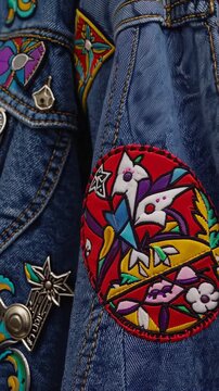 Denim sleeve revealing intricate embroidered patch, blending vibrant floral and abstract graphic elements with textured fabric background