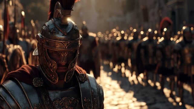 Roman soldier in ornate helmet and armor leads ancient military march. Legionary stands in front of warriors. Ancient battle era shown in soldier gear. Warrior prepared in armor for march and battle.