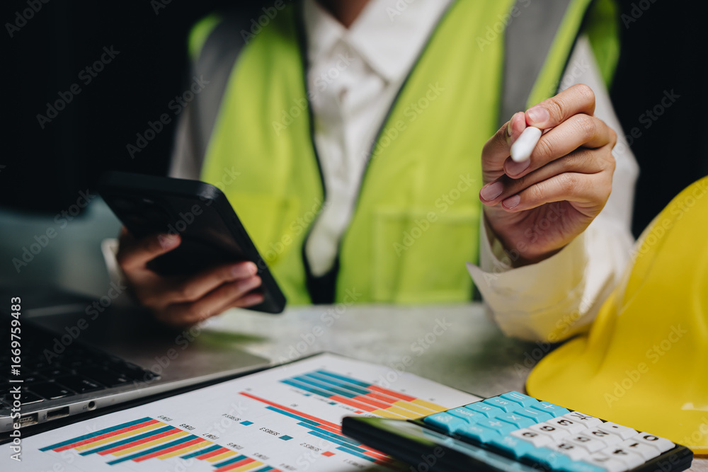 Poster professional construction worker analyzing data on smartphone with charts and calculator on table