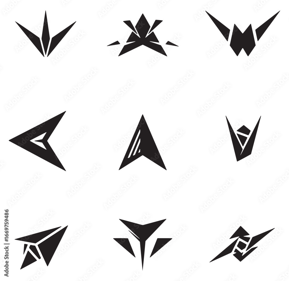 Poster collection of minimalist black geometric abstract design elements with sharp angles and shapes