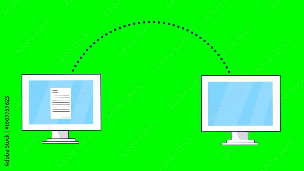 Poster file transfer animation with flying paper plane icon between two computers. modern digital communica