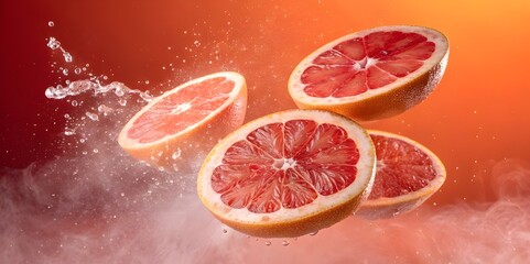 Fresh grapefruit slices falling with water splashes against a vibrant orange background