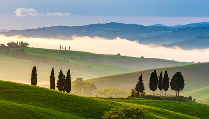 Rolling hills of Tuscany, bathed in soft morning light, showcase cypress trees silhouetted against a hazy landscape.