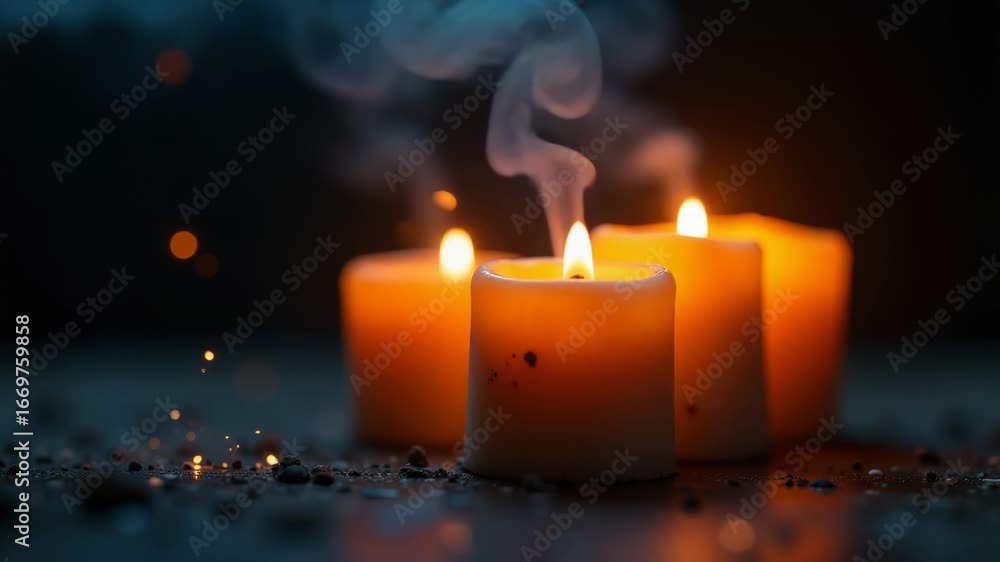 Poster three lit candles on a table, ideal for adding ambiance to any setting