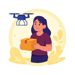 Woman receives package box delivered by flying drone courier, flat illustration