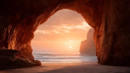 Acrylglasbilder Braun A cinematic sunset view of a rocky coastal cave with glowing orange sky  © Macrology