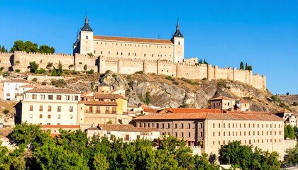 A picturesque cityscape view of historic buildings and a fortress atop a hill under a clear, bright sky.