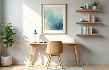 Minimalist home office setup featuring a light wood desk with a simple chair. Floating shelves display colorful books and art, creating a clean, organized workspace. Natural light fills the room.